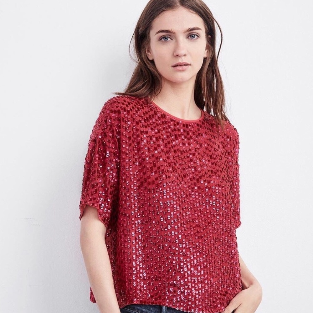 Sequined Short-Sleeve Cropped Shirt